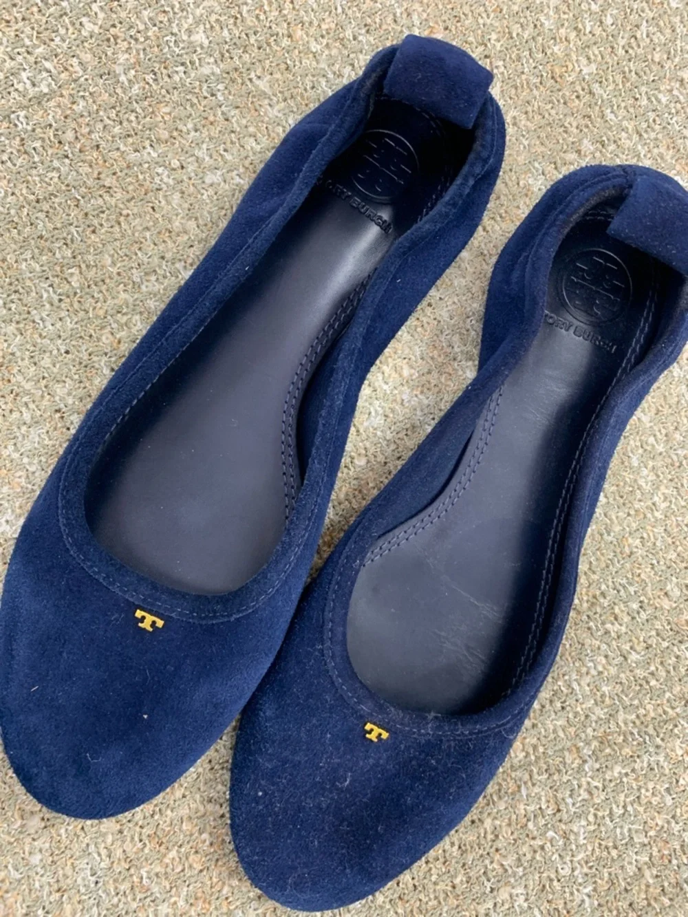 Tory Burch Navy Suede Round-Toe Ballet Flats with Gold Logo